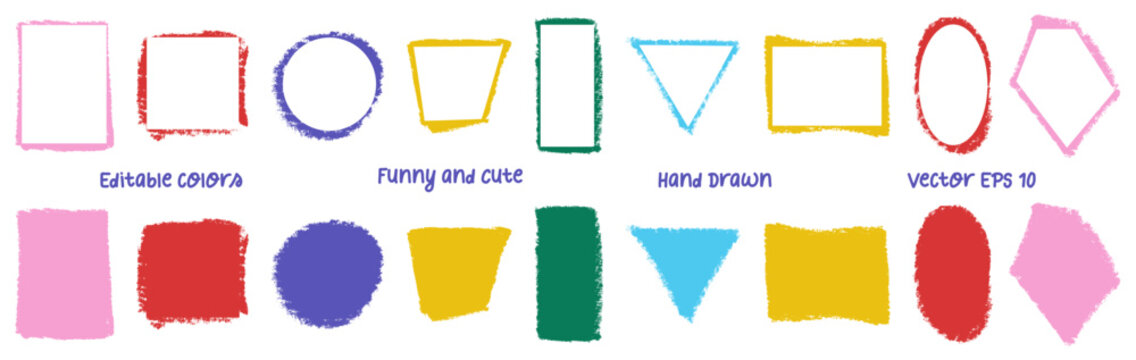 Doodle crayon geometric textboxes, frames set. Colorful hand drawn outline and solid shapes, borders for children. Square and rectangle playful chalk rough messy texture labels, tags. Vector isolated