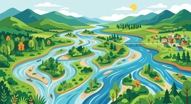 Scenic Winding River Valley Landscape with Green Hills Small Village Mountains and Sunny Blue Sky
