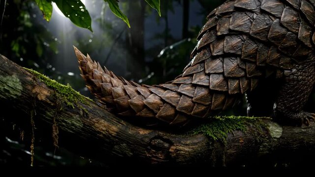Pangolin tail resting on moss-covered branch in dark forest  