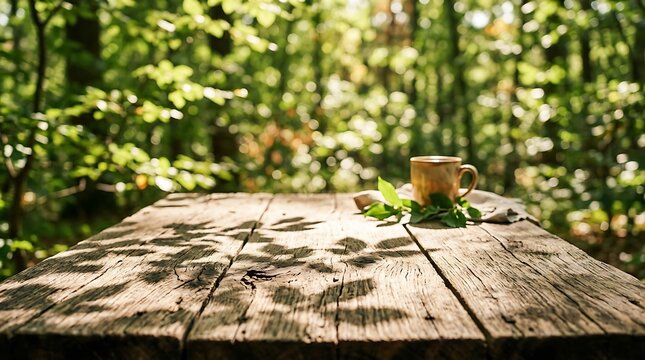 Rustic wooden table in a sunlit forest with a cup of tea and green leaves