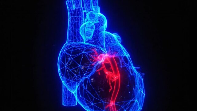 Digital glowing blue wireframe human heart with red blood vessels on black background