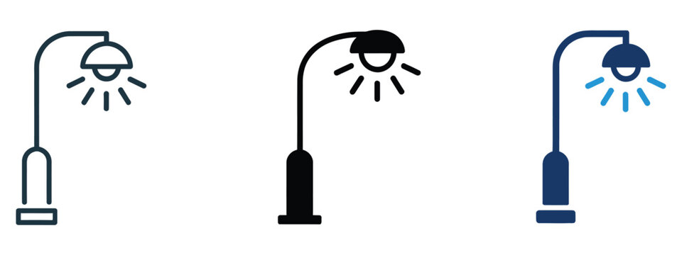 Street lamp icon set featuring outline, solid, and glowing styles for outdoor lighting, urban design, smart city systems, and night illumination concepts.