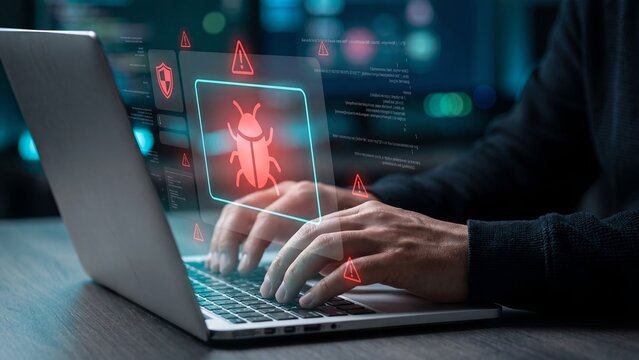 Hands typing on laptop with glowing red bug icon, warning alerts and shield symbols representing computer virus, malware infection and cyber security software threat concept