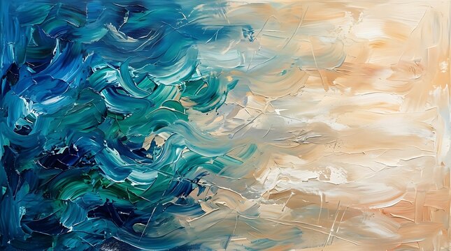 Abstract oil painting with swirling blue and turquoise ocean waves transitioning into a soft sandy beige beach landscape