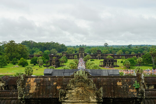 Elevated view of Angkor Wat temple courtyards