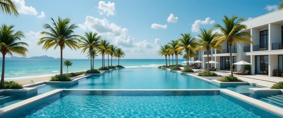 Fototapeta premium Luxurious Tropical Resort with Infinity Pool and Palm Trees Overlooking the Ocean.