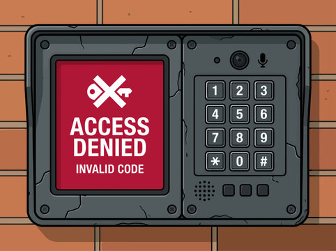 detailed  commercial property access keypad displaying 'ACCESS DENIED'  Bold red text and a textured grey design create a striking visual Perfect for security technology or warning themes