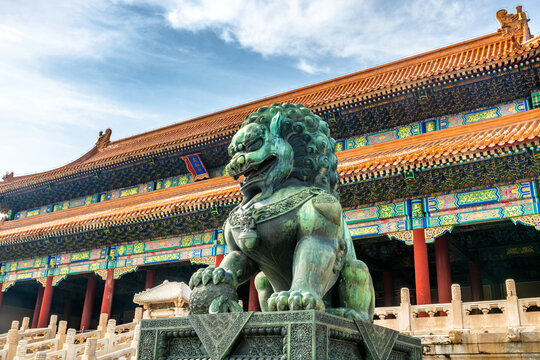 Forbidden City Taihe Gate Bronze Lions with Visitors, Beijing, China
