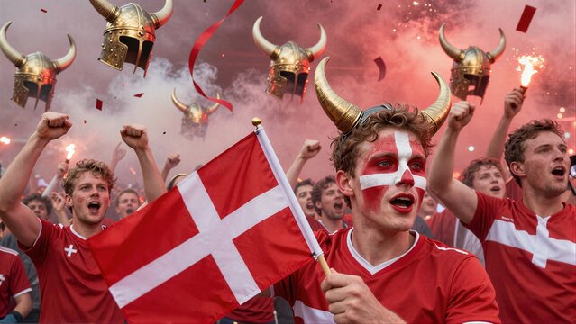 Danish fans cheer wildly, waving flags and wearing Viking helmets amidst smoke and confetti.