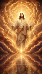 Obraz premium Jesus Christ with open arms in glorious golden heaven, surrounded by cherub angels and divine light. Ethereal religious digital art illustration for Christian Easter, spiritual posters, church banners