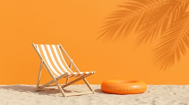 Summer beach scene with a striped deck chair and an orange inflatable ring on the sand against a bright orange wall