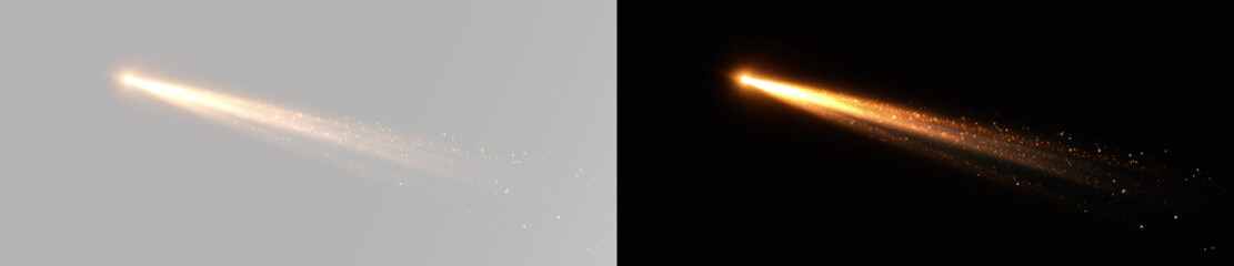 Fiery meteor with golden glowing tail and sparkling dust creating powerful celestial motion effect © theladydarina