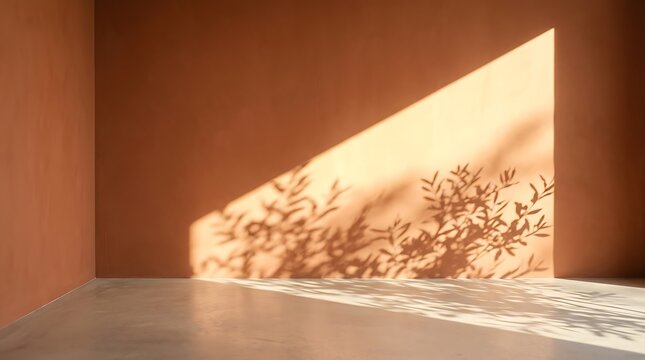 Empty room with terracotta walls and natural sunlight casting leaf shadows on the floor and wall