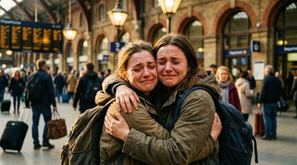 Obraz premium Two women embrace tightly at a busy train station, both visibly emotional and crying. A scene of love and parting in a bustling environment.