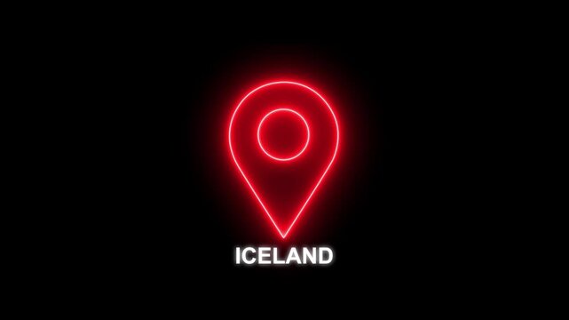 Red neon location pin icon with the word ICELAND illuminated on a dark background Iceland map marker