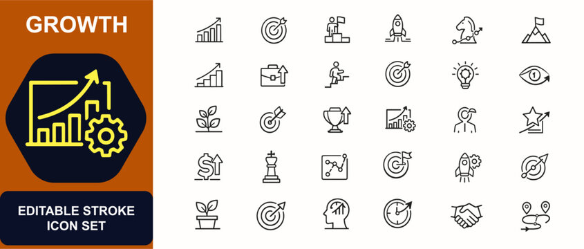 Growth web icons in line style. Leadership, graph, motivation, business progress, plant, ambition, strategy. Editable stroke. Vector illustration.