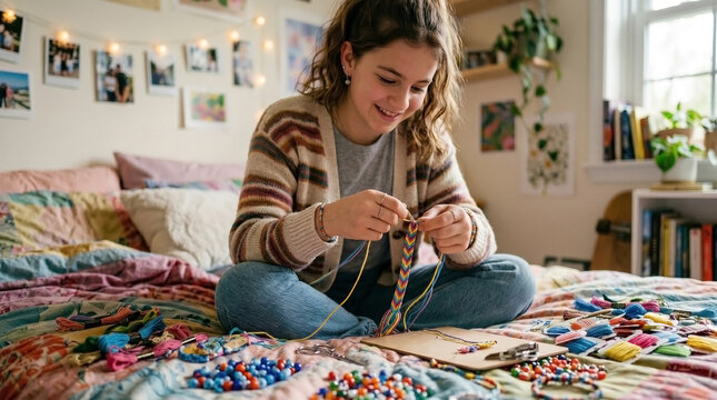 Teen girl crafting friendship bracelets with colorful beads on bed, creating memories in cozy bedroom. Friendship bracelets showcased alongside vibrant beads for creative afternoons.