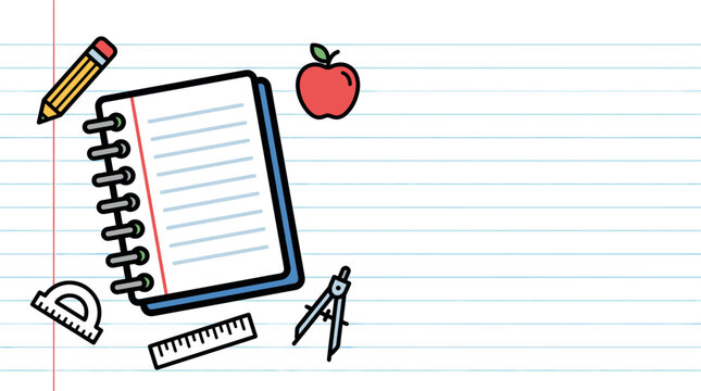Colorful illustration of school supplies on lined paper background