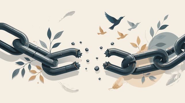 Broken heavy metal chains representing freedom and liberation from bondage, powerful flat vector illustration of snapped links symbolizing success, escape, and breaking free from limits.