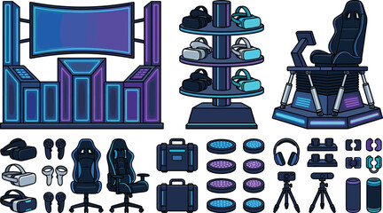 Virtual reality gaming arena vector icon set with simulator cockpit panoramic screen vr headsets motion controllers gaming chairs headphones tracking sensors hard cases neon lighting illustration © Sariful