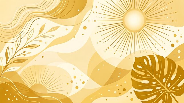 Abstract boho background with golden sun, tropical monstera leaf and flowing wavy lines in warm earth tones