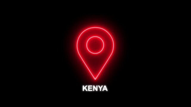 Red Neon Location Pin Icon with Kenya Text on Black Background map marker navigation