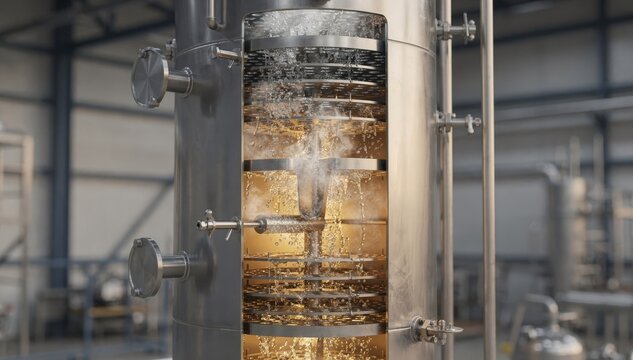 Medium shot of a continuous distillation column featuring tray design capturing the intricate plate stages separating ethanol from fermented wash with industrial precision.