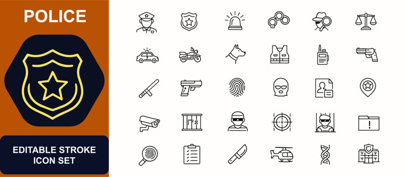 Police web icons in line style. Law enforcement, crime security, patrol officer, badge symbol, handcuffs, detective tools, protection service set. Editable stroke. Vector illustration.