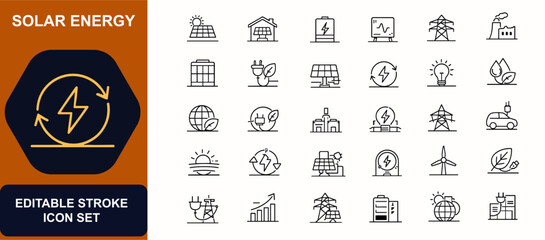 Solar energy web icons in line style. Battery storage, solar panel, eco technology, clean electricity, power station, green environment. Editable stroke. Vector illustration. © Senoara Studio