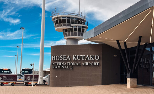 Windhoek, Namibia - May 26, 2025: Hosea Kutako International Airport exterior details in Windhoek late afternoon
