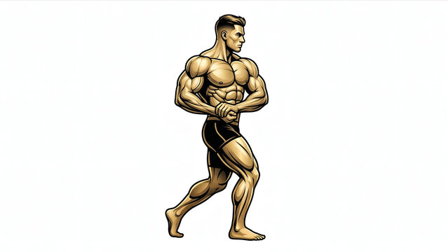 Golden Style Bodybuilder Illustration Flexing Side Chest Pose Isolated on White Background