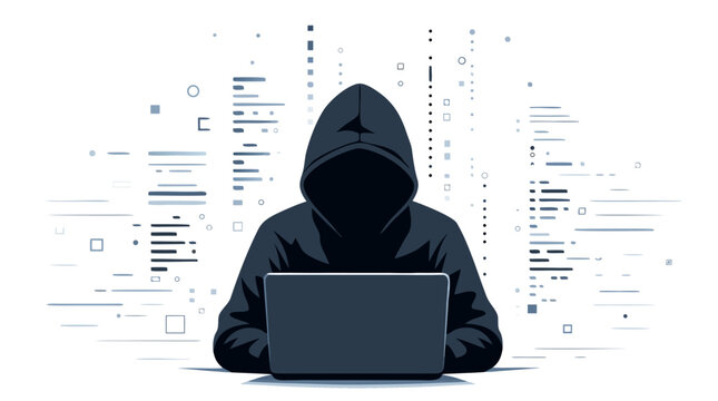Mysterious Cyber Hacker Silhouette Wearing a Hoodie Surrounded by Digital Binary Code and Data Streams, Flat Vector Illustration of Network Security Breach and Online Identity Theft Concept.