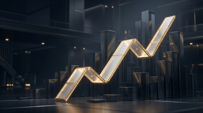 3D Financial Line Graph in Quartz Glass and Gold Trim
