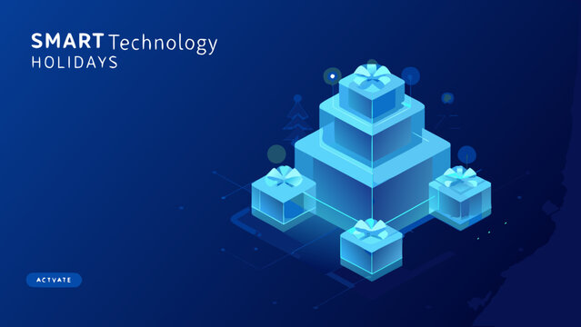 Isometric blue gift boxes and stylized evergreen trees a vector illustration with a dark blue background abstract arrangement