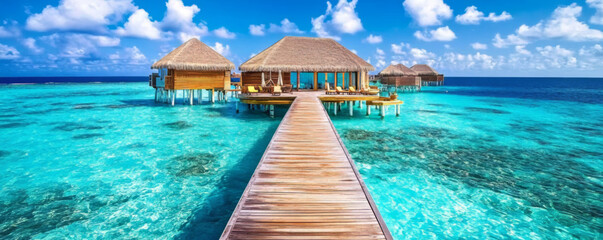 Obraz premium Tropical island with wooden pier over clear waters.