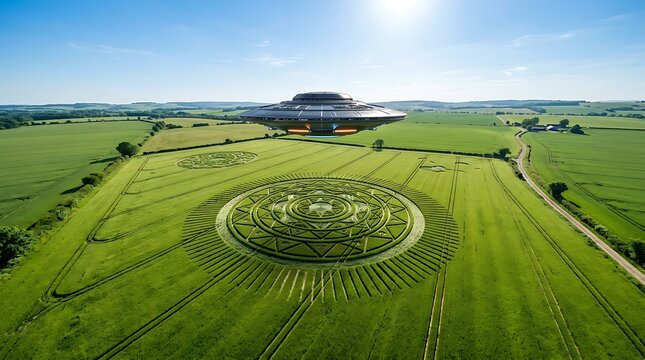 UFO hovering over intricate crop circle in a sunny green field