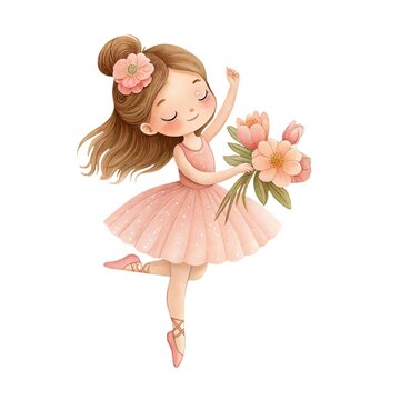 Watercolor illustration of a cute little ballerina girl in a pink tutu holding a bouquet of flowers isolated on white