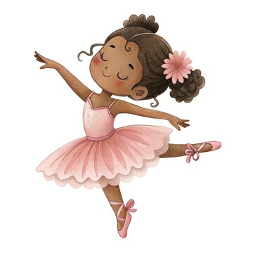 Watercolor illustration of a cute little African American ballerina girl in a pink tutu with a flower hair accessory dancing isolated on white