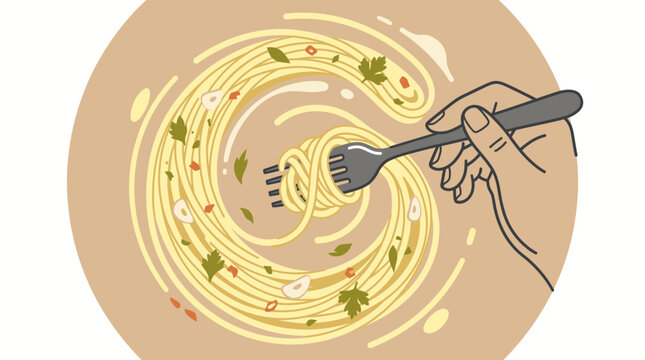 Flat vector illustration of hand twirling spaghetti aglio e olio with a fork. Dynamic Italian pasta scene featuring garlic, olive oil and elegant motion in a clean minimalist design.