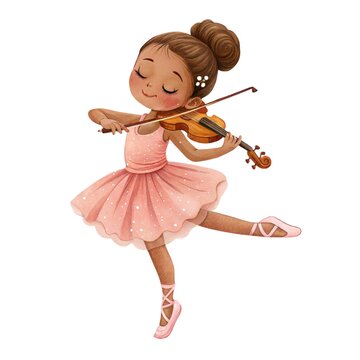 Watercolor illustration of a cute little African American ballerina girl in a pink tutu playing a violin isolated on white