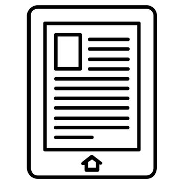 Electronic book reader device line icon illustration with screen details for online learning platforms and digital bookstores, scalable vector design for user interface and mobile apps usage.