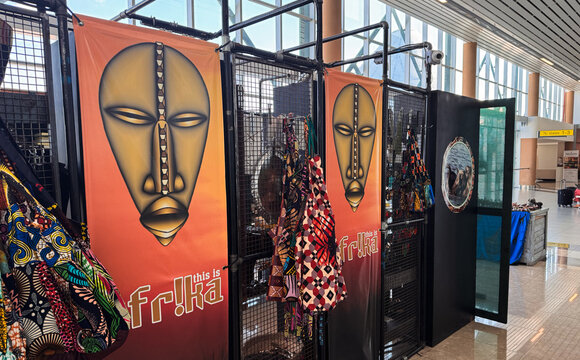 Victoria Falls, Zimbabwe - May 23, 2026: Shopping area in Victoria Falls airport featuring local art and crafts