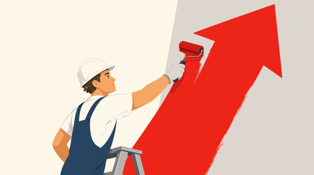 A male worker painting a massive red upward arrow on a white wall, flat vector illustration representing business growth, industrial progress, financial success, and goal-oriented motivation.