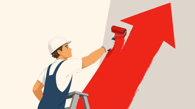 A male worker painting a massive red upward arrow on a white wall, flat vector illustration representing business growth, industrial progress, financial success, and goal-oriented motivation.