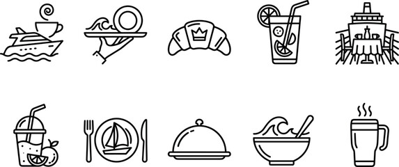 Luxury ocean cruise breakfast line icon set featuring yacht coffee tray croissant lemonade table dome bowl mug vector illustration © Sariful