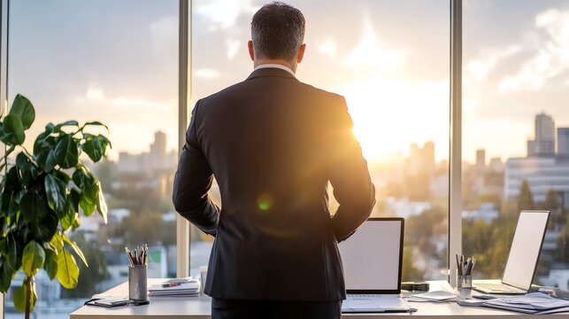 Businessman in suit stands at office window, back to camera, gazing at city skyline during sunset, with desk and laptops nearby.