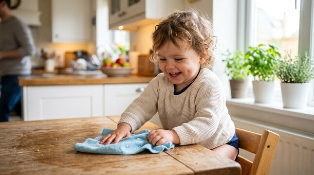 Toddler helping wipe table with cloth while smiling in bright kitchen. Child enjoys cleaning activity with soft blue cloth on wooden table.