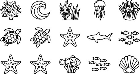 Marine wildlife and ocean sea creatures line icon set featuring turtle shark jellyfish starfish coral wave vector illustration © Sariful