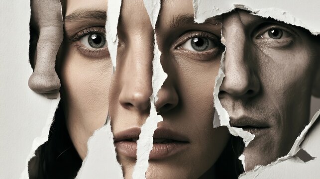 Split personality concept with torn paper revealing contrasting faces
