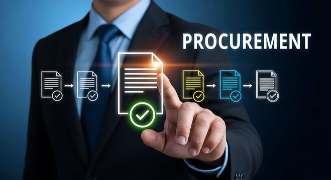 Businessman managing corporate procurement process with digital document workflow